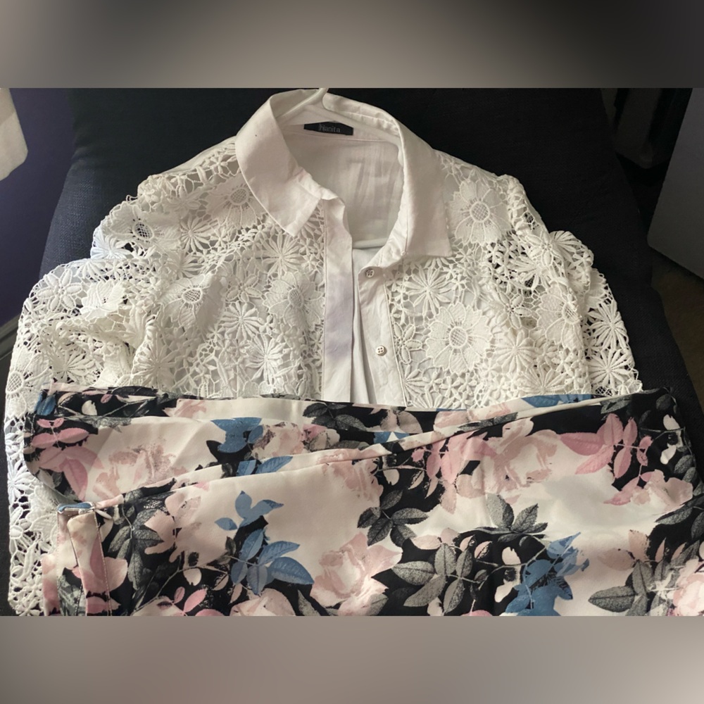 White lace shirt with floral wide leg pants